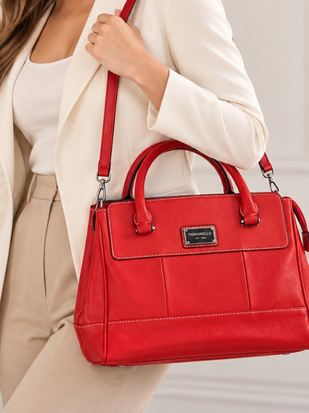 Tignanello Red Genuine Leather Satchel Tote Shoulder Bag